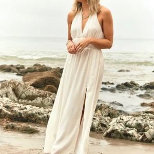 Plunge halter maxi dress with slit and open back. Abercrombie and Fitch.